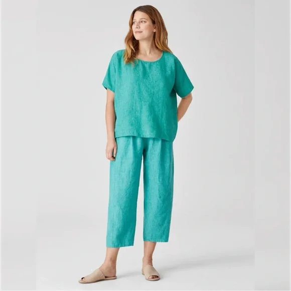 Eileen Fisher Delave Linen Top Large Green Boxy Relaxed Lagenlook Minimalist - Picture 2 of 12